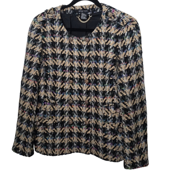 Etcetera Tweed Boucle Wool Houndstooth Blazer Black Multicolor Size 12 - Picture 10 of 11